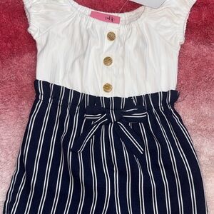 White and Navy Striped Dress with Button Detail